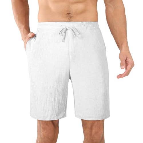 AUYAO Pantalones Cortos de Hombre de Algodón, Pantalones Cortos de Hogar Verano, Shorts de Algodón Deportivos Casuales, Cortos Elásticos Ligeros y Transpirables para Correr Casuales, Blanco-XL