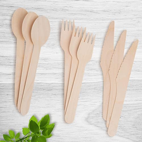 STACKABLES ~ Disposable Wooden Cutlery Sets ~ 150 Piece Forks Spoons & Knives 50 of Each ~ 16cm Bamboo Biodegradable Compostable Eco Friendly Cutlery Set