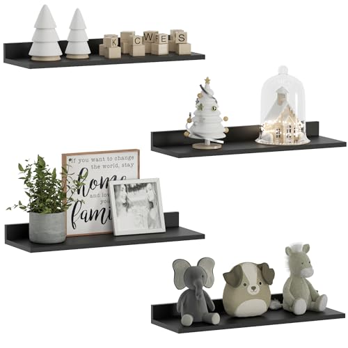 WOPITUES Floating Shelves, Wall Mounted Shelves for Room Decor, Modern Display Shelf for Bedroom, Sturdy Bathroom Storage Shelves, Book Shelves for Living Room, Black Small Corner Shelves, Set of 4