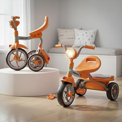 Image of GoodLuck Baybee Flyer Foldable Baby Tricycle for Kids | Kid Cycle with LED Light, Music & Storage Baskets | Baby Tricycle with Adjustable Seat & Handle | Cycle for Kids 2 to 5 Years (Orange)