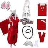 Picksoco Anime Cosplay Inuyasha Costume Red Fire-Rat Kimono Outfit with Wig & Bead Necklace Halloween Uniform Party