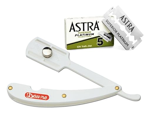 Daune Rasoio da Barba Professionale con Lama Intera a Mano Libera, Set con 5 Lame Astra Platinum, per Barbiere