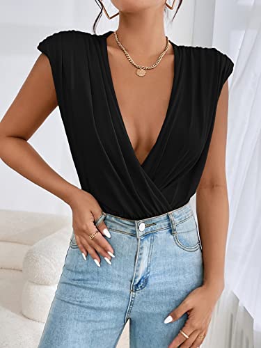 Milumia Women's Ruched Wrap Deep V Neck Padded Shoulder Tank Tops Sleeveless Bodysuit Black X-Large #TOP15