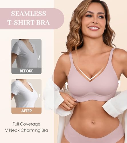 Image of DEANGELMON Seamless Bras for Women No Underwire Comfortable Push Up Bra V Neck Wireless Bralette Full Coverage Wire Free