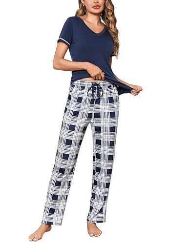 Litherday Ensemble de Pyjama Femme Coton Vêtements de Nuit à Manches Courtes + Bas de Pyjama à Carreaux Vêtement d'Intérieur Bleu L