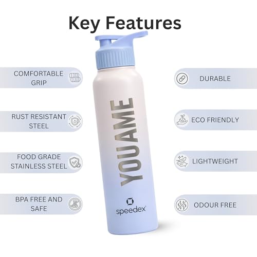 Image of Speedex Customised Stainless Steel Water Bottle 1 Ltr with Name - Personalised Engraved Sipper Cap Bottle for Kids, Men & Women, School, Gym, Office Pink Blue, Set of 1