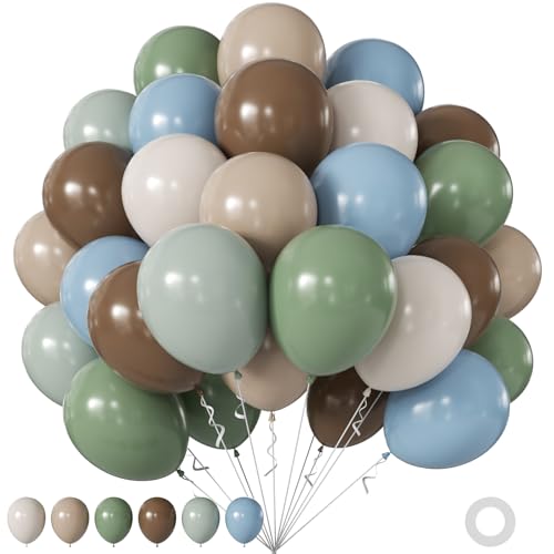 Sage Green Blue Brown Balloons 60Pcs 12Inch Brown Nude Sage Green Olive Green Blue Sand White Balloon for Safari Jungle Woodland Wedding Baby Shower Birthday Party Decorations