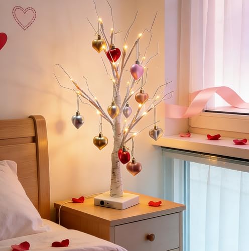 2Pack Valentines Day Decor Lighted Birch Tree with Heart-Shaped Ornaments,USB&Battery Operated Light Up Artificial Tree for Home Indoor Party Valentines Day Decorations (Warm White) — view 3