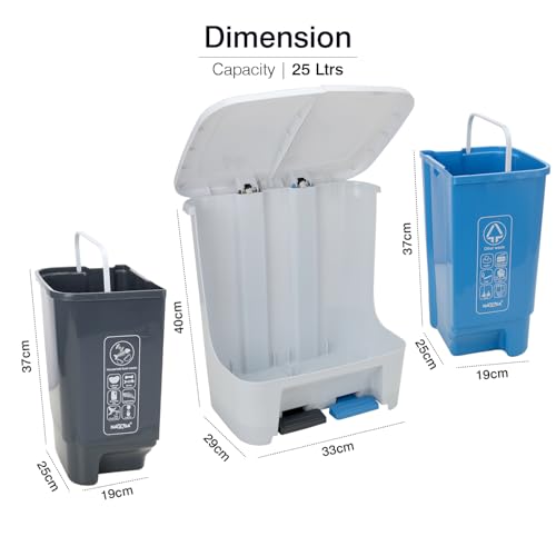 Image of Nayasa 2 in 1 Pedal Dustbin Bold - 25 L (12.5 L Each) | Twin Compartment Wet & Dry Waste Bin | Durable Plastic Pedal Bin for Home, Kitchen & Bathroom | Blue & Grey