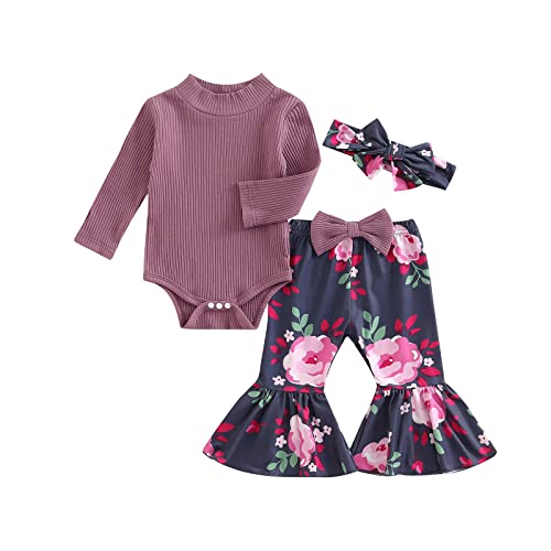 Image of Toddler Baby Girls Outfits Floral Print Bell Bottoms + Long Sleeve Ribbed Romper + Headband 3Pcs Sets (High Neck Purple & Floral, 3-6 Months)