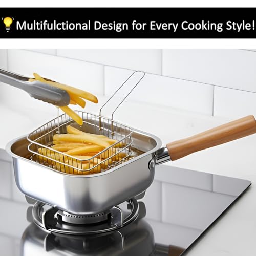 Image of Stainless Steel Deep Fryer Pot with Basket Wooden Handle Small Oil Frying Pan for French Fries Chicken Fish Shrimp Induction Gas Compatible Kitchen Fry Pot with Strainer Basket
