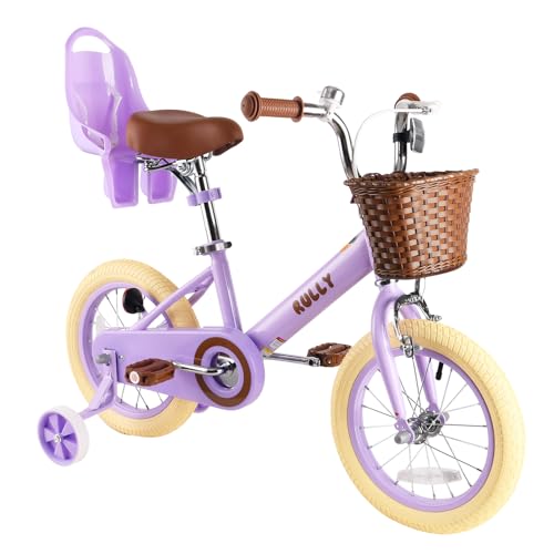 Image of RULLY 12 14 16 Inch Girls Bike with Doll Seat Basket and Training Wheels for 2-6 Years Children