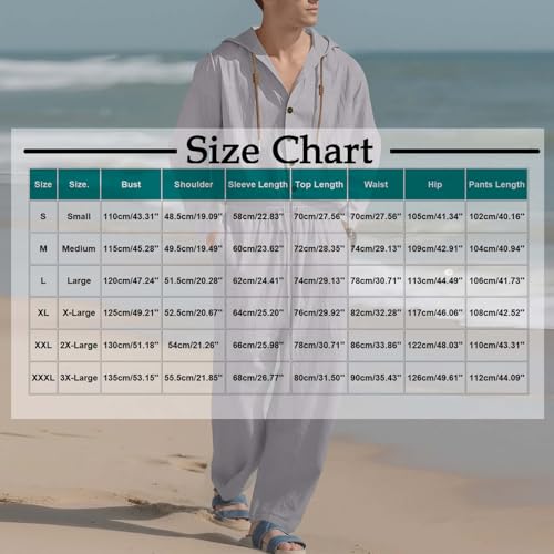 Cotton Linen Sets for Men Button Down Long Sleeve Hoodies and Elastic Waist Pants Set Casual Loose Vacation Outfit3