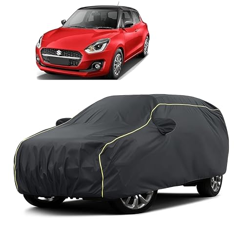 Image of Sulfar 100% Water Resistant Car Body Cover Compatible with Mirror for Maruti Suzuki New Swift (Triple Stitched, Full Bottom Elastic, Dark Grey Taffeta with Yellow Piping)