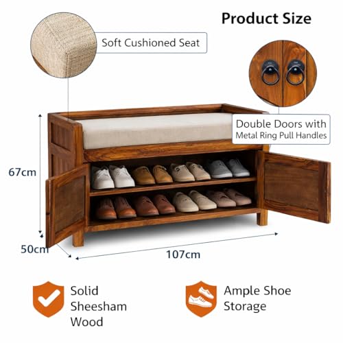 Image of Sheesham Wood Shoe Cabinet with Cushion Seat, 2 Door, Natural Finish | Comfortable Cushioned Seating, Stores 8-10 Pairs of Shoes, No Assembly Required