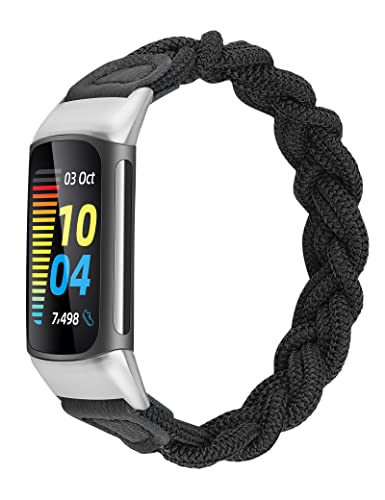 Wearlizer Compatible with Fitbit Charge 6 Bands/Charge 5 Bands for Women, Cute Stretchy Braided Solo Loop Wristband Slim Soft Elastic Replacement Strap Accessories for Charge 5 6 Band, Black L