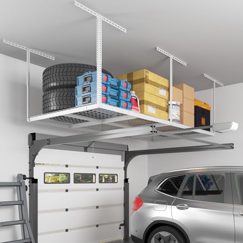 FLEXIMOUNTS-4x8-Overhead-Garage-Ceiling-Storage-Rack-Organization-White-750lbs-Weight-Capacity-22-40-Adjustable-Organization-System-Heavy-Duty-Metal-Ceiling-Racks-Classic-Series