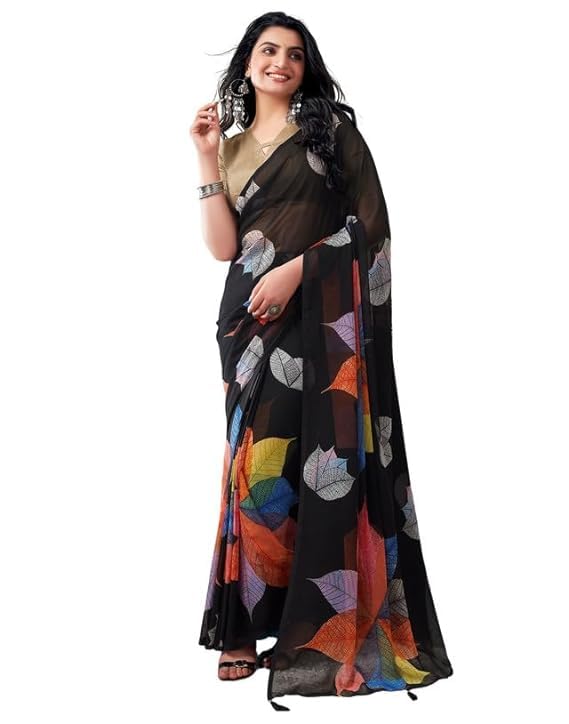 Women Designer Georgette Printed Saree With Jacquard Lace Border & Blouse,multicolor