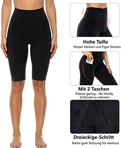 Anwell Sportleggings für Mädchen Blickdicht Sporthose kurz High Waist with Pockets Tights Yogahose Damen Schwarz S