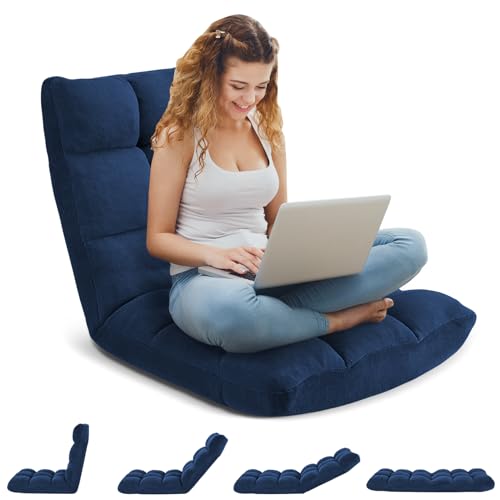 Image of Folding Floor Gaming Chair 14-Poistion Cushioned Adjustable Floor Lazy Sofa Chair w /Breathable Cotton & Skin-Friendly Velvet for Adults & Kids Perfect for Reading Gaming Meditating, Darkblue