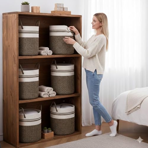 Image of Basket with Lid, 15 inch x 20 inch Woven Storage Basket for Blankets, Toys, Pillows, Towels, Living Room Bedroom Storage Bin, Round Rope Basket with Lid, Wicker Baskets for Organizing (BG4)