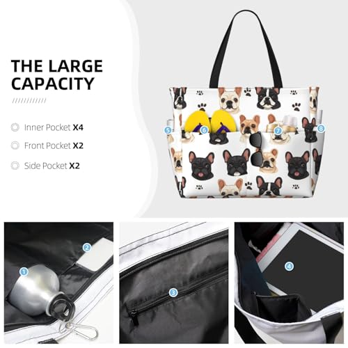Large Beach Bags for Women Sandproof - Cute Pug Dogs Print Summer Travel Work Tote Bags with Zipper3