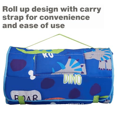EVERYDAY KIDS Nap Mat with Removable Pillow - Roarin' Dinos - Carry Handle with Straps Closure, Rollup Design, Soft Microfiber for Preschool, Daycare, Travel Sleeping Bag - Ages 3-6 Years
