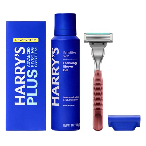 HARRY'S PLUS: Shaving Kit for Men - Premium Handle, Razor Blade Cartridge, 4 oz Foaming Shave Gel, and Travel Blade Cover - Advanced Pivoting System - Clay