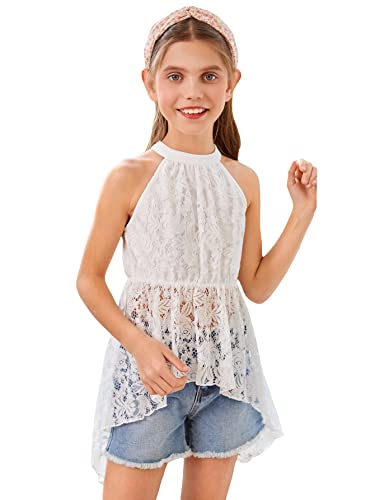 Wdirara Girl's Floral Lace Halter Neck Asymmetrical Ruffle Hem Cute Peplum Top White 10Y #TOP9