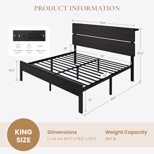 Image of SHA CERLIN King Size Bed Frame, Led Light, Charging Station, Storage Shelf | Wooden Headboard, Heavy Duty Slats Support, Metal Platform Bed, Under Bed Storage, No Box Spring Needed, Noise Free, Black