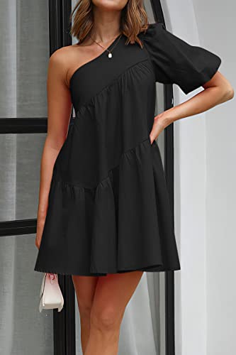 KIRUNDO Summer One Shoulder Mini Baby Doll Dresses Women 2025 Casual Puff Sleeve Loose Tiered A Line Flowy Short Dress4