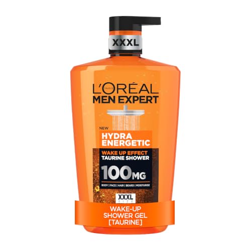 LOréal Mens Shower Gel Men Expert Hydra Energetic 3-in-1 XXXL Body Wash 1L Pump Instant Wake-Up Effect Energising Face & Hair Wash with Taurine and Vitamin C
