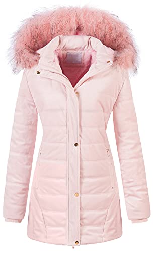 Chrisuno Women's 3/4 Length Winter Coat Parka Military Style Fleece Jacket Faux Fur Hood M Pink