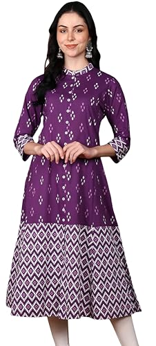 Image of Yash Gallery Women's Cotton Relaxed Fit A Line Rayon & Cambric Zig-Zag Printed A-Line Kurta