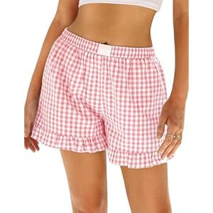 Marvmys Womens Boxer Shorts Cotton Pajama Bottoms Summer Gingham Ruffle/Lace Shorts Casual Y2K Beach Shorts S-2XL XX-Large Ruffle - Pink Plaid