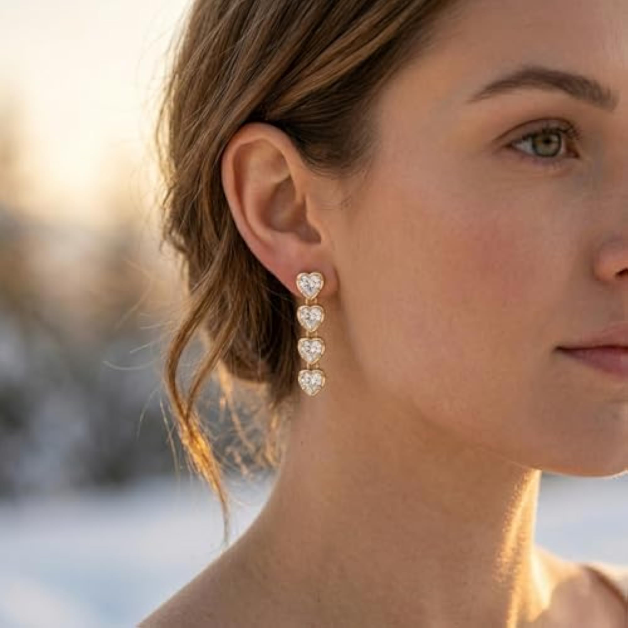 Gold Plated Round Heart Dangle Earrings with White Cubic Zirconia