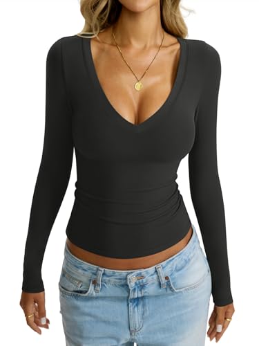 Womens Deep V Neck Long Sleeve Shirts Sexy Slim Fit Tops Basic Tees Fall Fashion Outfits Clothes 20252