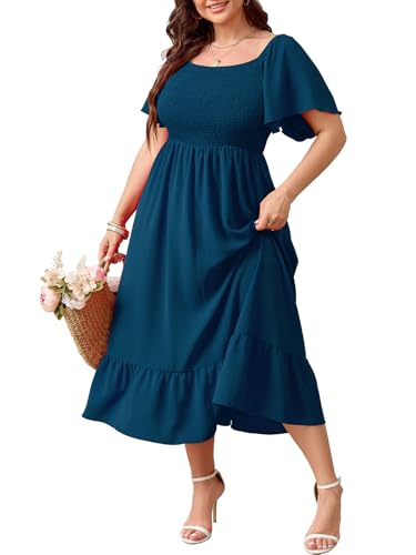 Image of SCOMCHIC Women's Plus Size Summer Dress Casual Short Sleeve Scoop Neck Maxi Dress Smocked Ruffle Boho Flowy Long Dresses