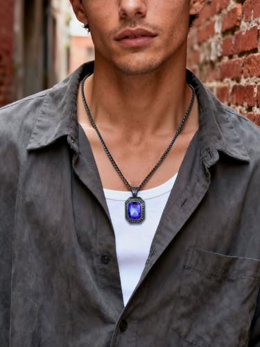 Image of ChainsHouse Viking Rune Pendant Necklace for Men Women, Punk Biker Black Metal /316L Stainless Steel Onyx Norse Vintage Amulet Necklaces with Black /Red /Green /Blue Gemstone, Send Gift Box