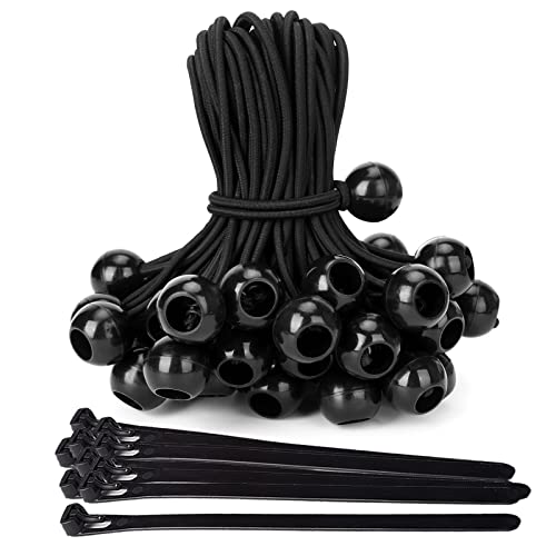 Ball Bungee Cords 6Inch Outdoor 50 Pack, Uv-Resistant Tarps Tie-Down, Strong Stretch Heavy Duty Bungees & 10 Pcs Releasable Zip Ties #TOP2