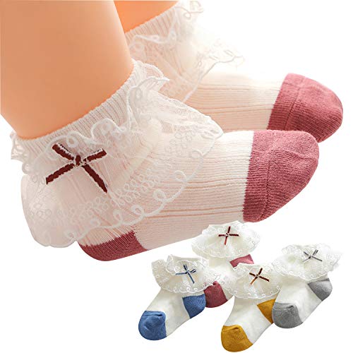 Baby Girl Ruffle Socks Infant Toddler Lace Socks Eyelet Frilly Princess Dress Socks for Little Baby Girls 4 Pairs