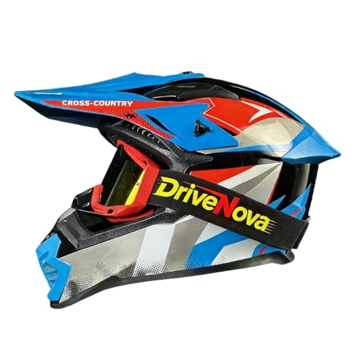 DriveNova Casco Integrale Motocross, Casco da Cross Omologato con Occhiali per Adulti E Bambini, Casco da downhill integrale MTB Include 3 Misure (Blu)