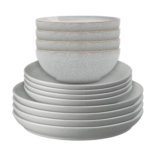 Denby - Elements Light Gray Dinner Set For 4-12 Piece Coupe Simple Ceramic Stoneware Tableware Set - Dishwasher Microwave Oven Safe - Scratch Chip Resistant Denby - Elements Light Gray Dinner Set For 4-12 Piece Coupe Simple Ceramic Stoneware Tableware Set - Dishwasher Microwave Oven Safe - Scratch Chip Resistant