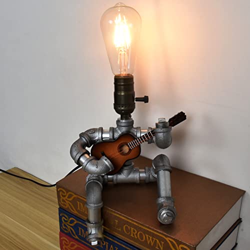 Lcyfbe Steampunk Style Desktop Table Lamp - Seated Guitar Player, Retro Industrial Steel Pipe Guitar Lamp For Bedroom Music Room Decoration, Friend Gift, Musician Guitar Lamp Gift (Including Guitar) #TOP10