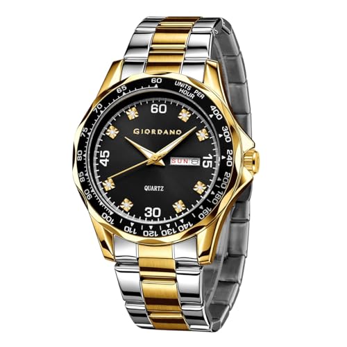Image of Giordano Two-Tone Analog Watch for Men - Crystal Hour Markers, Textured Bezel Design, Day & Date Display, Stainless Steel Strap, Quartz Movement