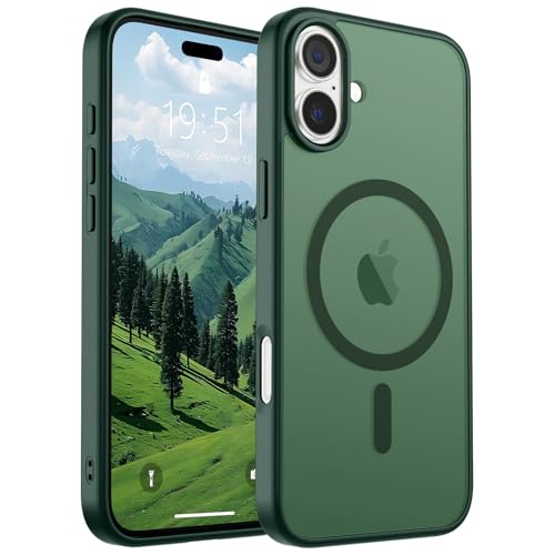 Image of SUPFINE Magnetic for iPhone 16 Case (Compatible with MagSafe) (Military Grade Drop Protection) Slim Translucent Matte Shockproof with Anti-Fingerprint Phone Case,Forest Green