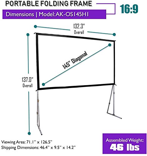 Akia Screens 145 inch Indoor Outdoor Portable Projector Screen with Stand and Bag 16:9 8K 4K Ultra HD 3D Adjustable Height Foldable Projection Screen Silver for Movie Video Home Theater AK-OS145H1 - Thumbnail 5