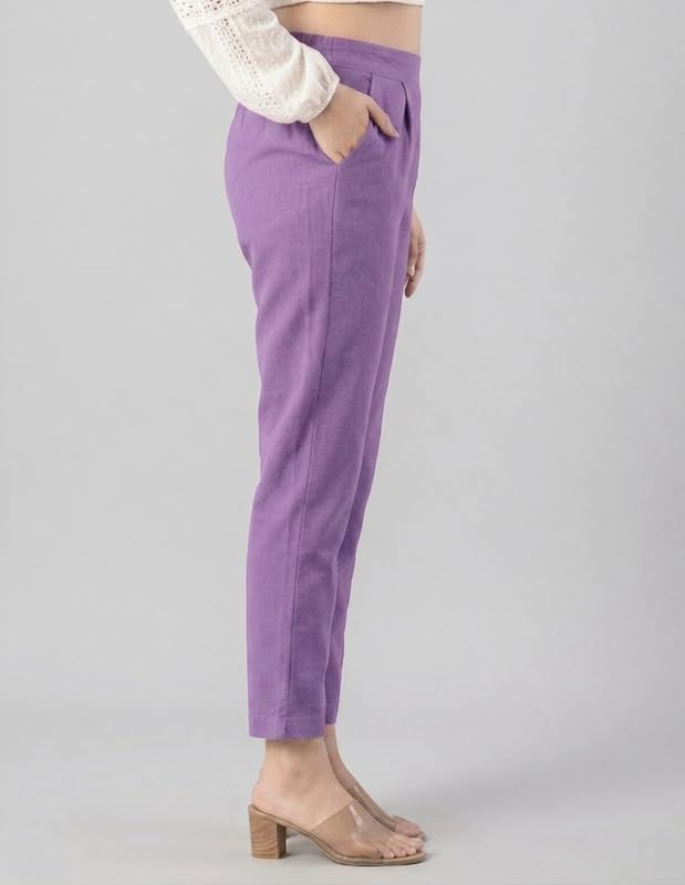 Image of Solid Cotton Woman Trousers Pants Regular Fit Kurti Pant with Drawstring Daily Office Formal Casual Use