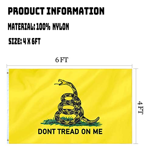 Dont Tread On Me Flag 4X6 Gadsden Flag Double Sided Outdoor Heavy Duty 3 Ply Thick Nylon Material With 2 Metal Grommets, 4 Rows Of Stitching Don't Tread On Me Flag Banner #TOP6