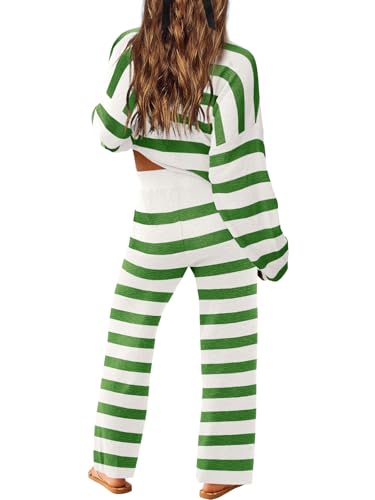 Image of LAMISSCHE Oversized Womens Lounge Set Striped Sweater Set Long Sleeve 2 Piece Pajama Set Top and Pants with Pockets